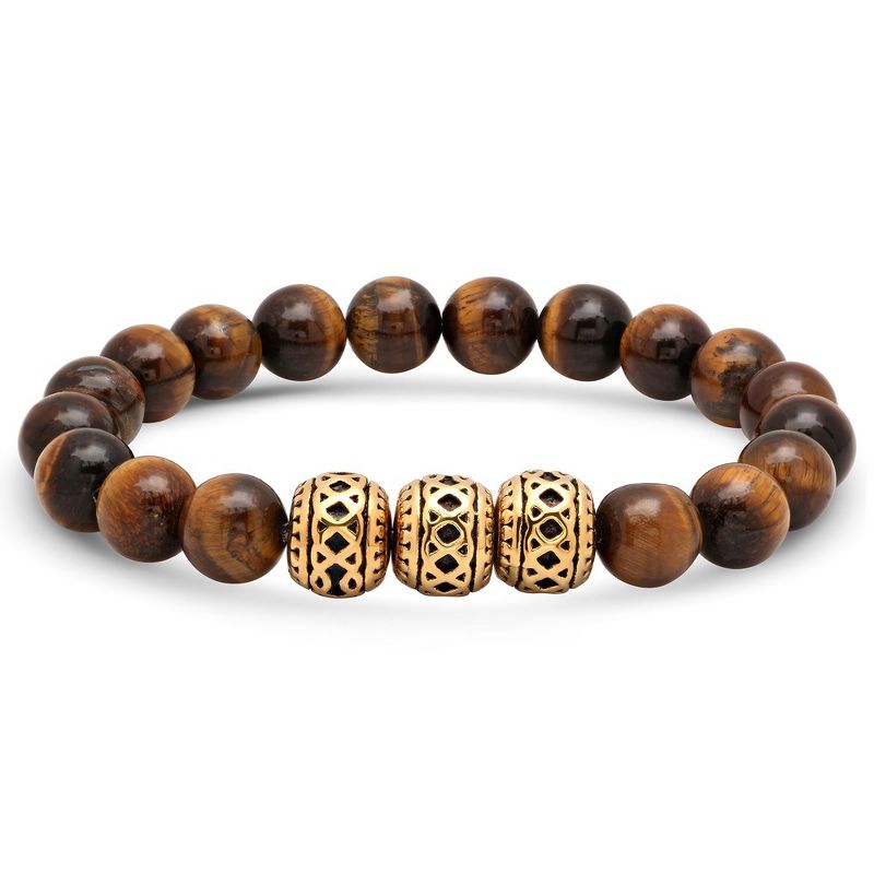 Steeltime Men's tiger eye beaded bracelet with 18k gold plated stainless steel beads