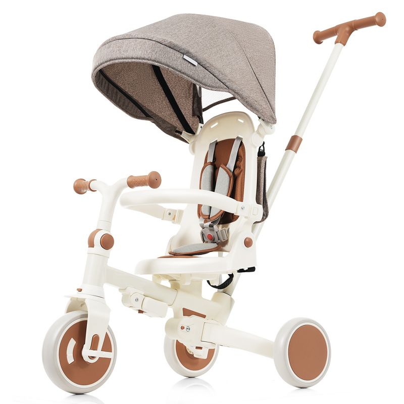 HOMEFUN 7 in 1 Baby Tricycle, Foldable Toddler Tricycle with Removable and Adjustable Parent Handle,Ivory
