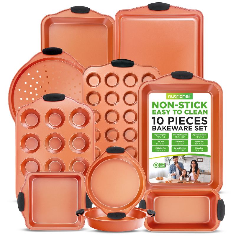 NutriChef Steel Nonstick Bakeware Set - Carbon Steel Baking Tray Set w/Heatsafe Red Silicone Handles, Oven Safe Up to 450°F, Pizza Loaf Muffin