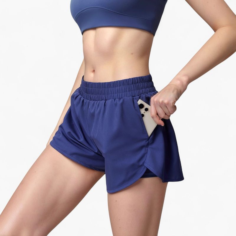 Anna-Kaci Active Women's High Waist Running Shorts with Built-In Liner and Side Pockets for Storage - X Large, Blue