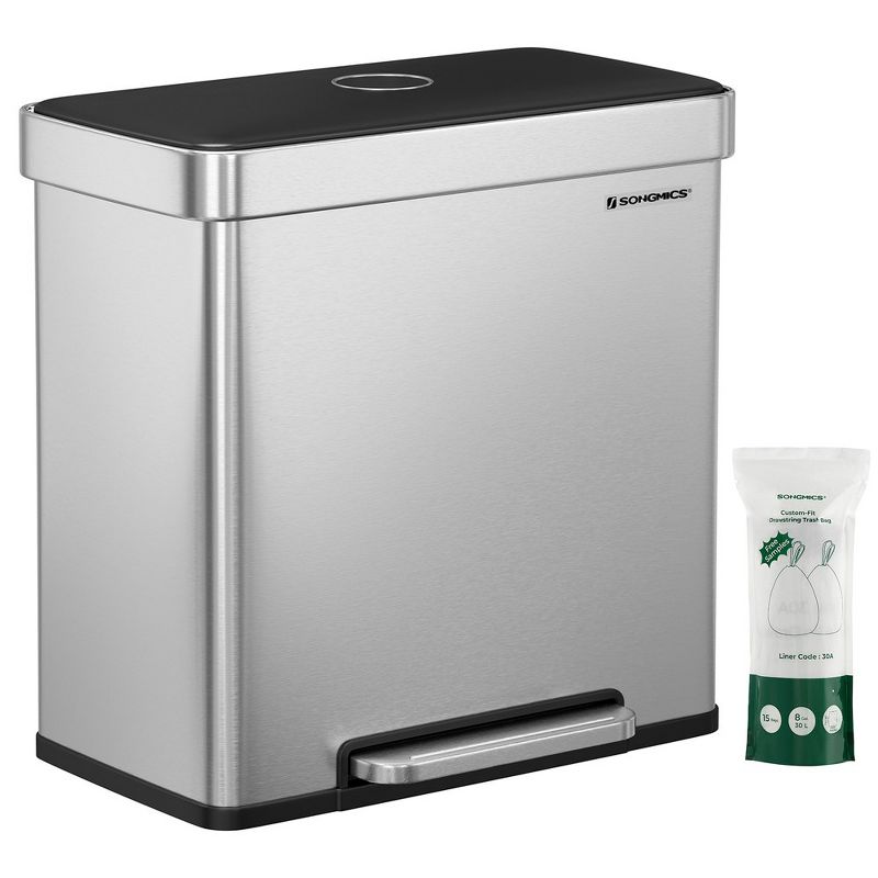 SONGMICS Kitchen Trash Can, 16 Gallon (2 x 8 Gallon) Dual Compartment Garbage Can, 60L Pedal Recycling Bin,15 Trash Bags Included Silver
