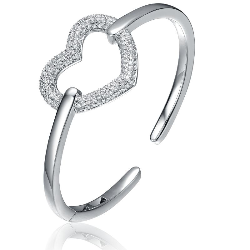 Guili White Gold Plated Sterling Silver Cubic Zirconia French Pave Heart Halo Bracelet, Romantic Sparkling Design for Elegant Occasions