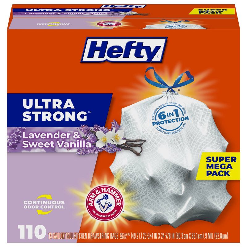 Hefty Ultra Strong Lavender & Sweet Vanilla Tall Kitchen Drawstring Trash Bags - 13gal/110ct