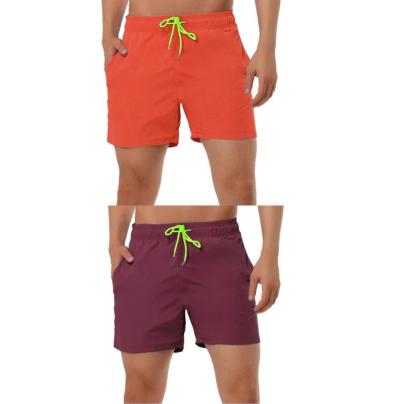 Lars Amadeus Men's Summer Solid Mesh Lining Drawstring Waist Beach Pool Swim Shorts 2 Pack Burgundy/Orange 32