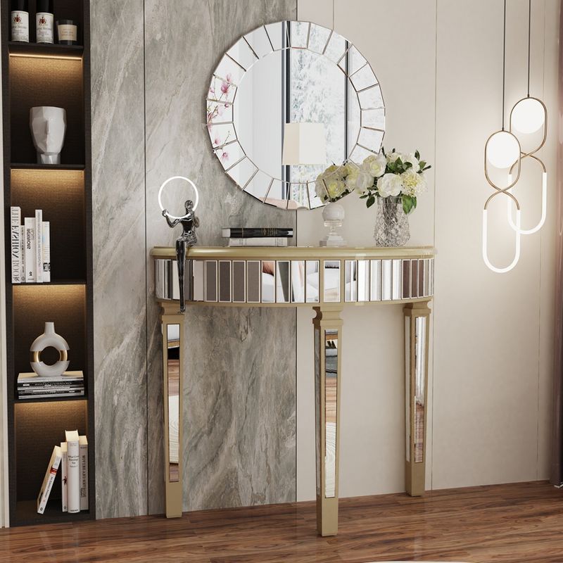 Artloge 35.4x31.6 in Silver Mirrored Console Table Half-moon Sofa Accent Table Living Room Furniture
