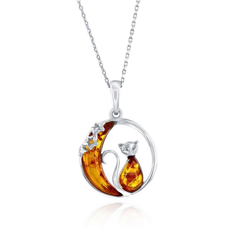 Simona Sterling Silver, Cat & Moon Amber 18" Pendant Necklace - Brown