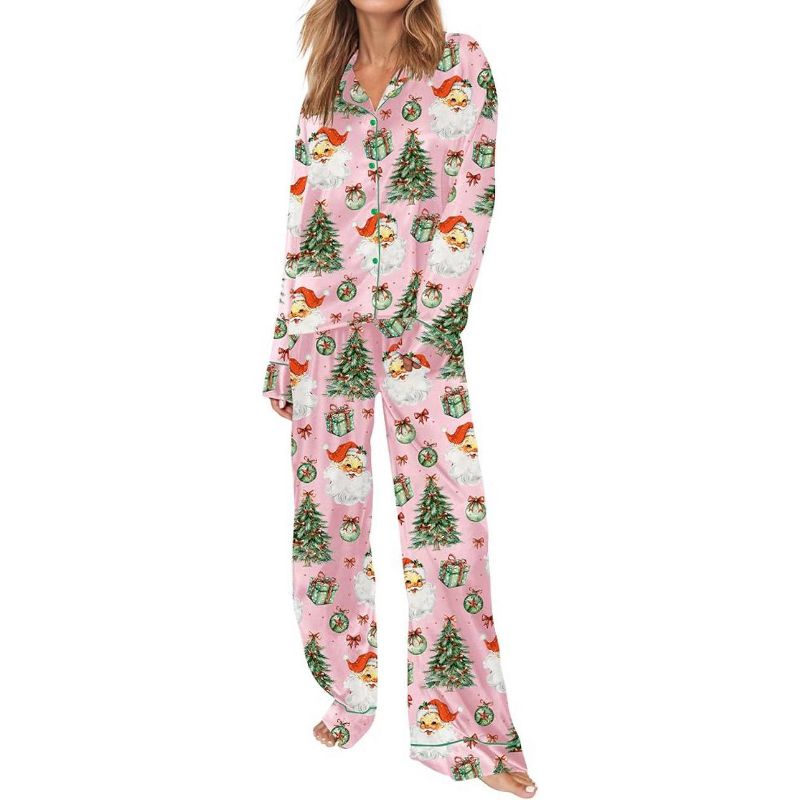 SHESHOW Womens Silky Pajamas for Women Button Down 2 Piece Satin Pjs Satin Pajamas for Womens Pink Christmas M