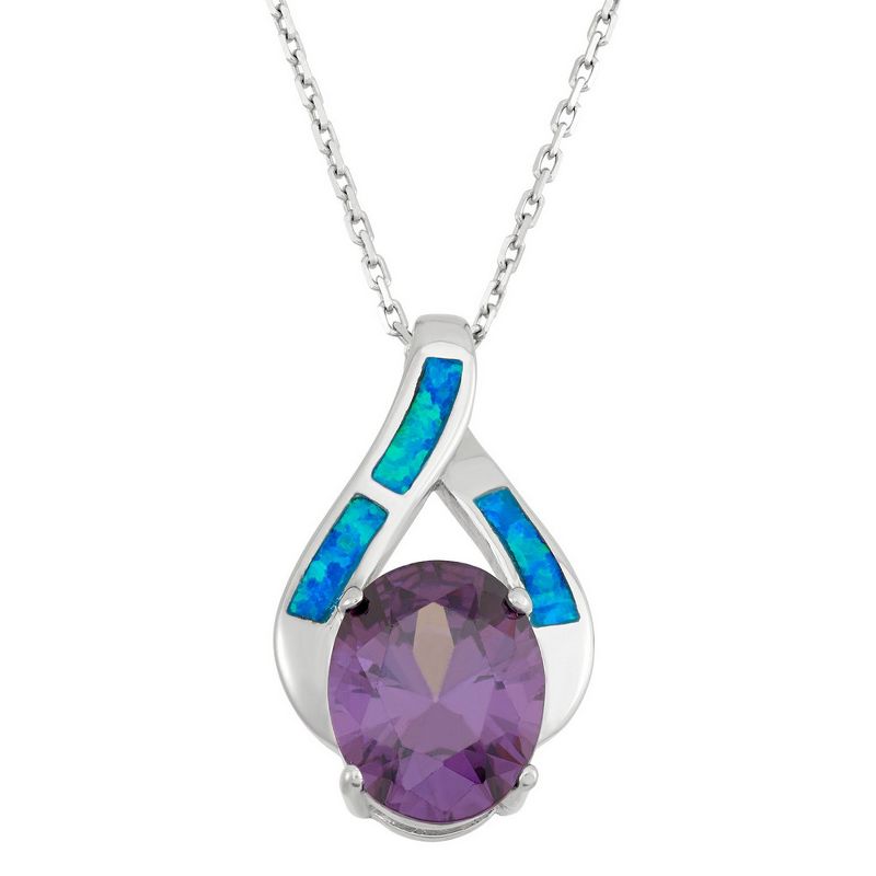 Opalata Sterling Silver Blue Inlay Opal w/Large Amethyst Oval CZ 18" Pendant Necklace - Blue