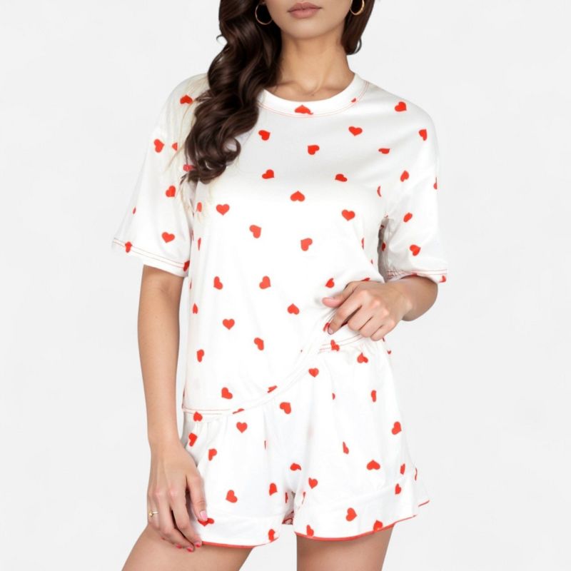 Anna-Kaci Lounge Women's Valentine Heart Print Satin Pajama Set with Short Sleeve Crew Neck Top and Ruffle Trim Lounge Shorts - Medium,