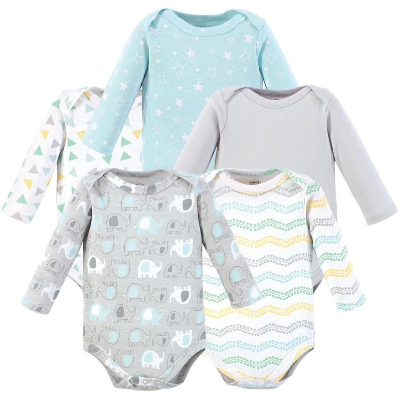 Little Treasure Luvable Friends Long-Sleeve Bodysuits 5pk, Neutral Elephant Print, 9-12M