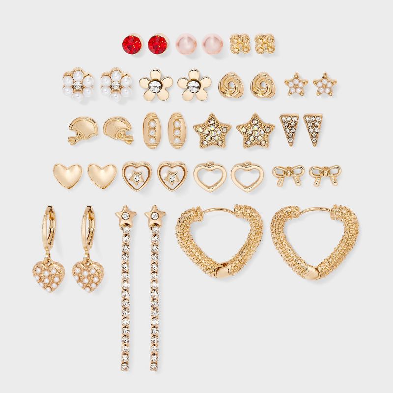 Heart Star and Flower Earring Set 18pc - Wild Fable™ Gold/White/Red