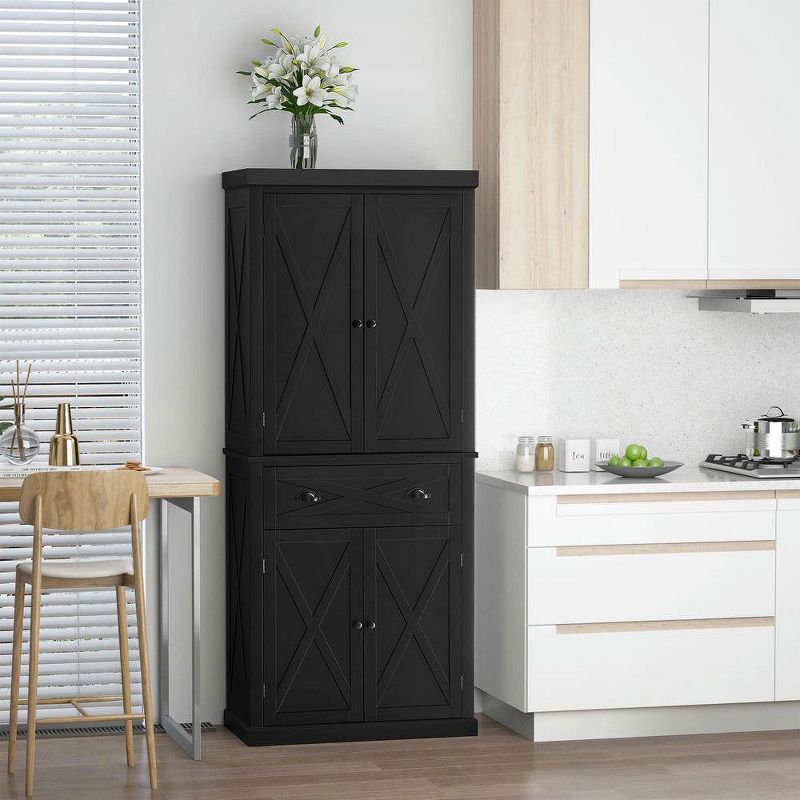 Resenkos 72" Kitchen Pantry Storage Cabinet, Traditional Freestanding Cupboard with 4 Doors and 2 Adjustable Shelves, Large Central Drawer, X-Frame,