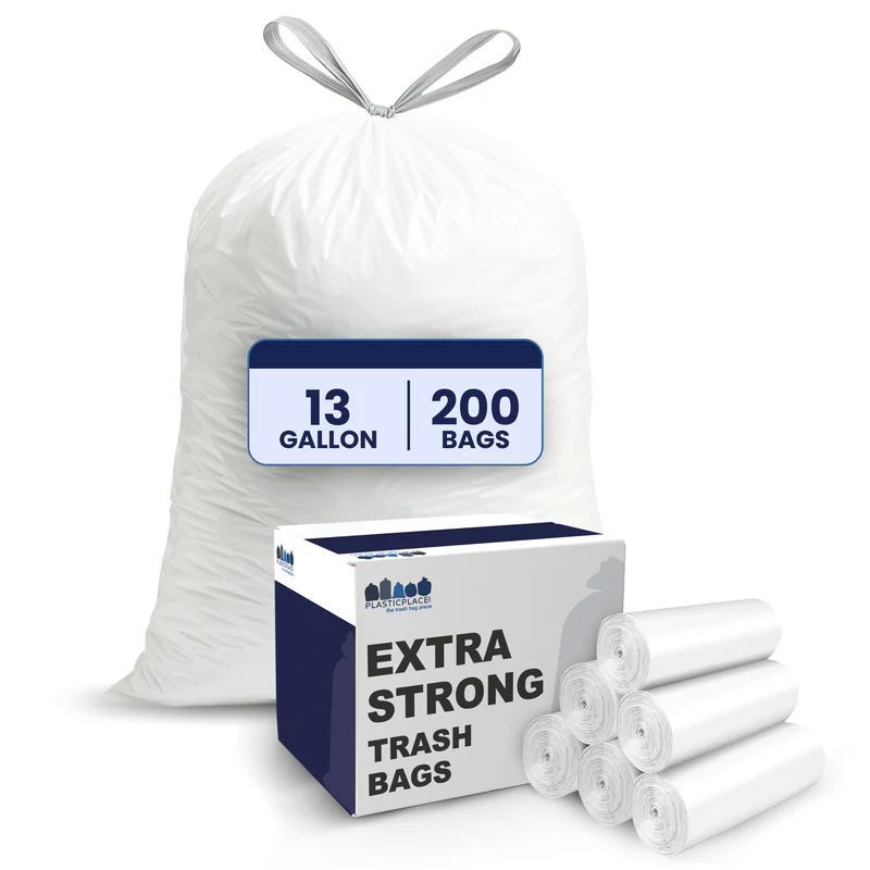 Plasticplace 13 Gallon Drawstring Trash Bags - White (200 Count)
