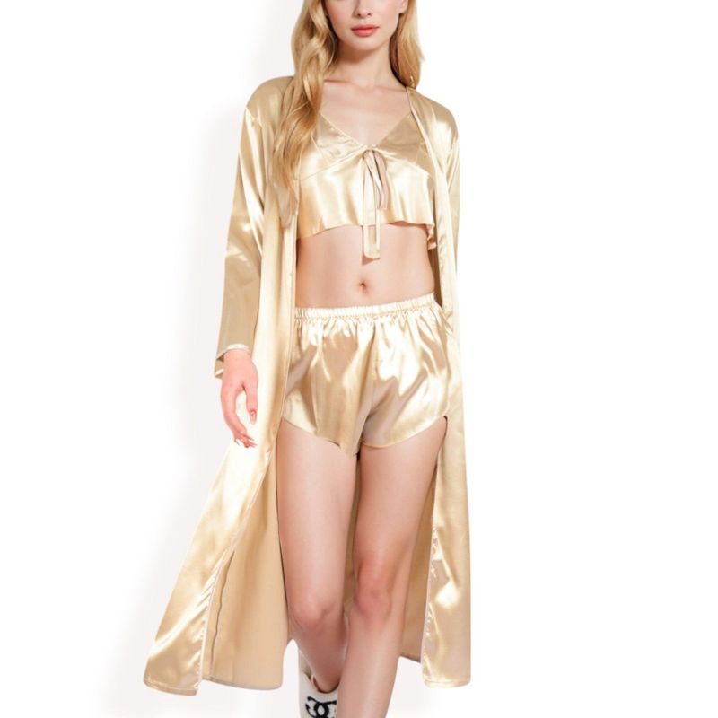 Anna-Kaci Lounge Women's Satin Pajama Set with Long Robe, Cami, Shorts, and Tie Waist- Khaki,Large