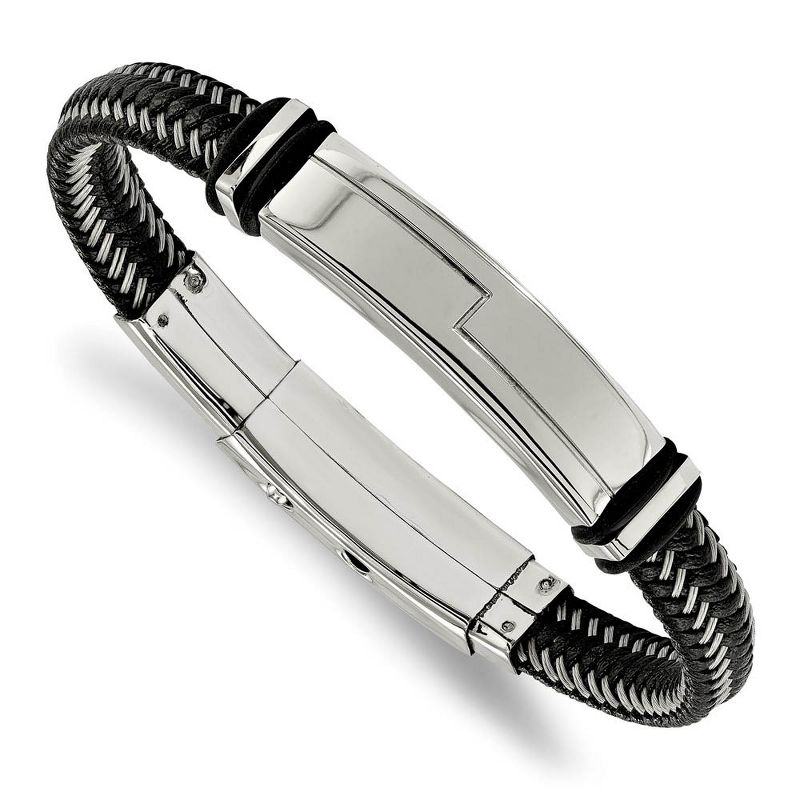 Black Bow Jewelry Stainless Steel Black Leather & Rubber I.D. Bracelet, 8.25 or 8.75 In