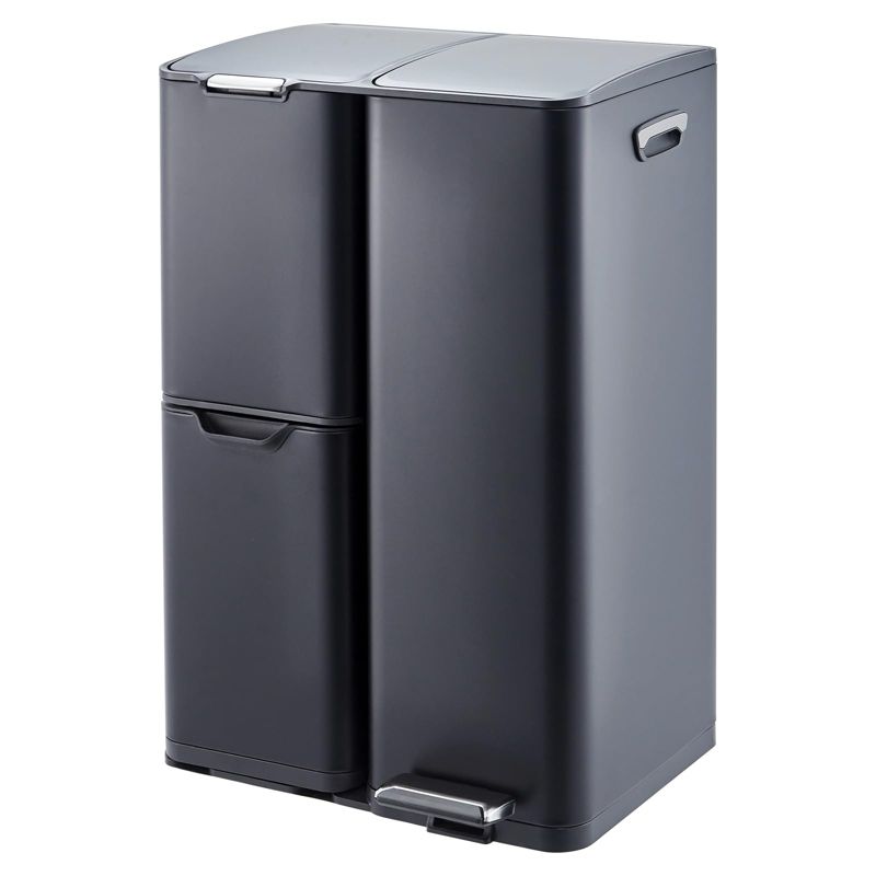 16 Gal Recycle Bins for Kitchen, Triple Compartment Garbage Can with Lid, Stainless Steel Trash and Recycling Bin Combo,Black