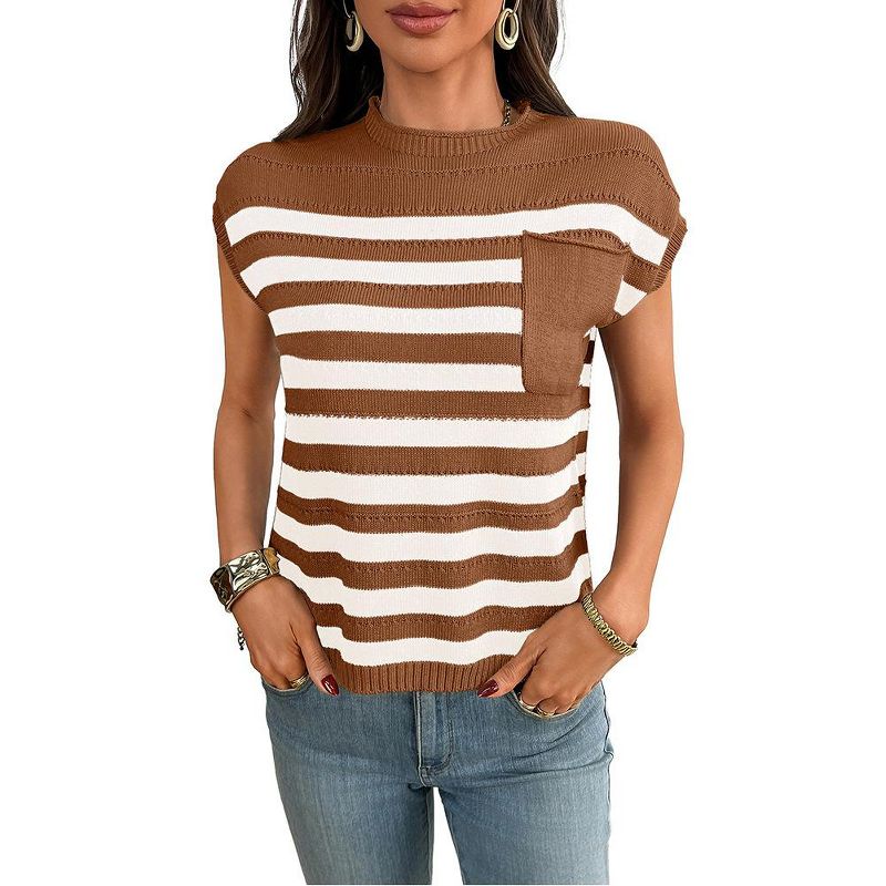 Coolmee Women's Short Sleeve Sweater Spring Summer Round Neck Striped Pullover Cap Sleeve Knit Sweater Caramel M