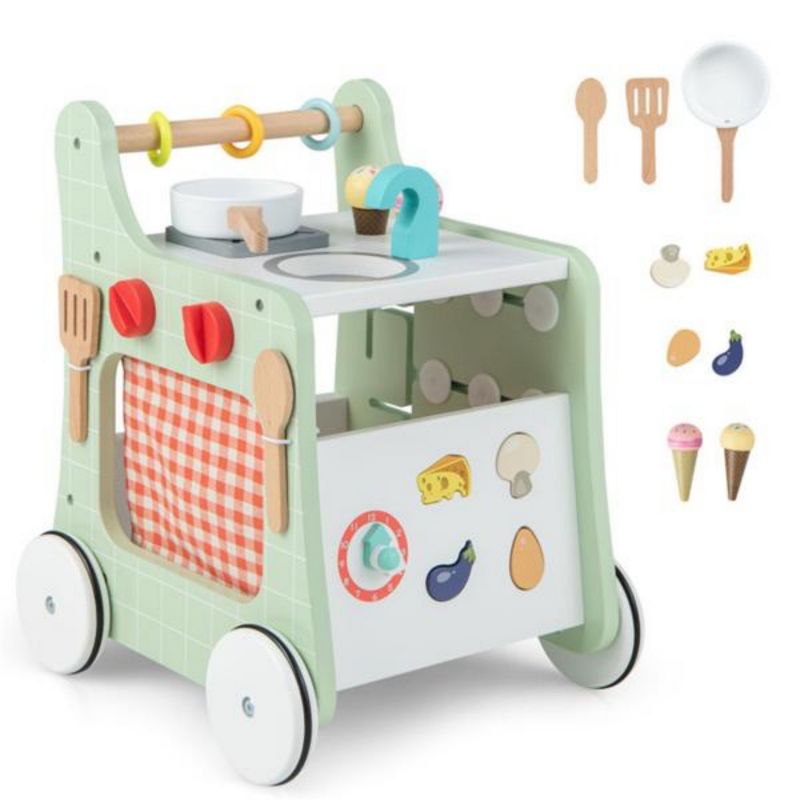 SEVOBAL Baby Walkers 6-in-1 Wooden Stroller Play Kitchen Toy Storage Clock Shape Match for Toddlers, Multicolored, 12"*13.5"*16.5"