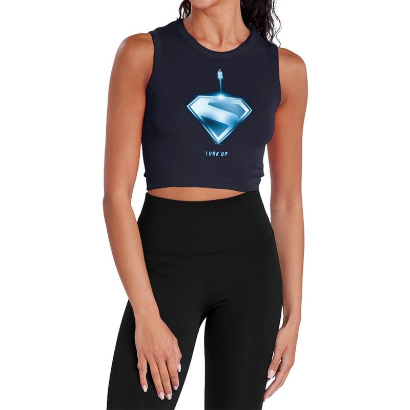 Women's Superman 2025 Look Up Shield Sleeveless Crop Top Tank, Navy, Large