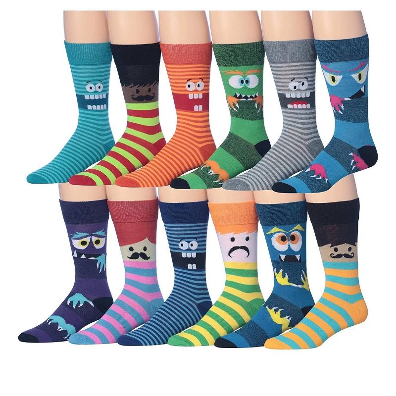 JAMES FIALLO Mens 12 Pairs Cute Monster Funny Novelty Colorful Patterned Dress Socks for Men