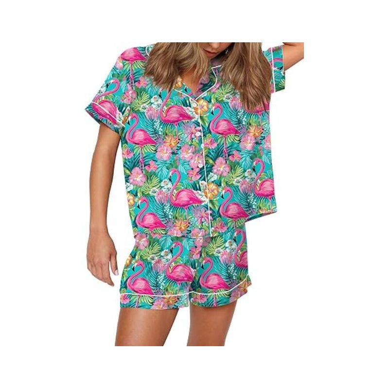SHESHOW Summer Pajamas for Women Print Short Sleeve Loungewear 2 Piece Pjs Set Shorts 2 Loungewear Set Tropical Flamingo XL