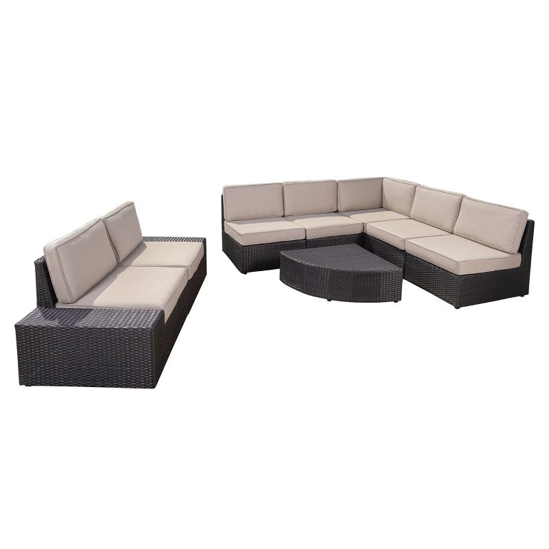 Christopher Knight Home Felicity Outdoor Wicker 7 Seater Sectional Sofa Chat Set with Cushions, Beige/Dark Brown