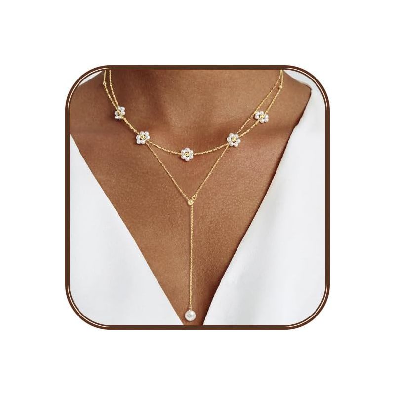 14K Gold-Plated Pearl Necklace Set: Dainty Layered Daisy Choker, Trendy Jewelry Gift for Women