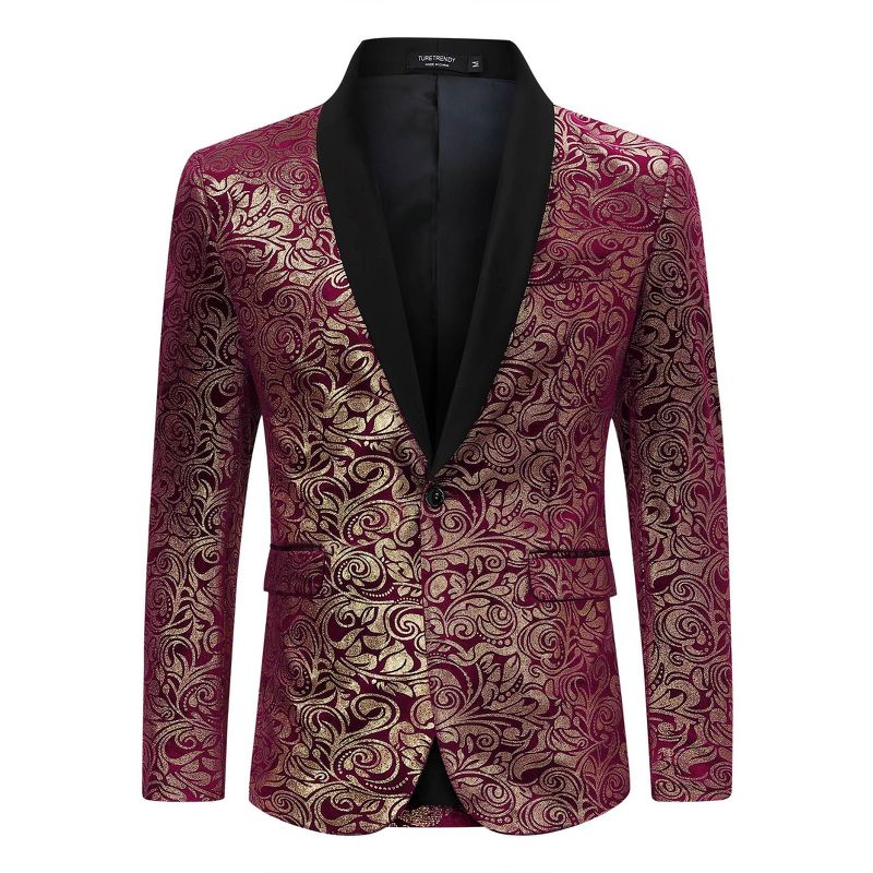 Men's Gold-Foil Printed Suit Jacket Blazer with Velvet-Like Base Fabric Burgundy Gold S