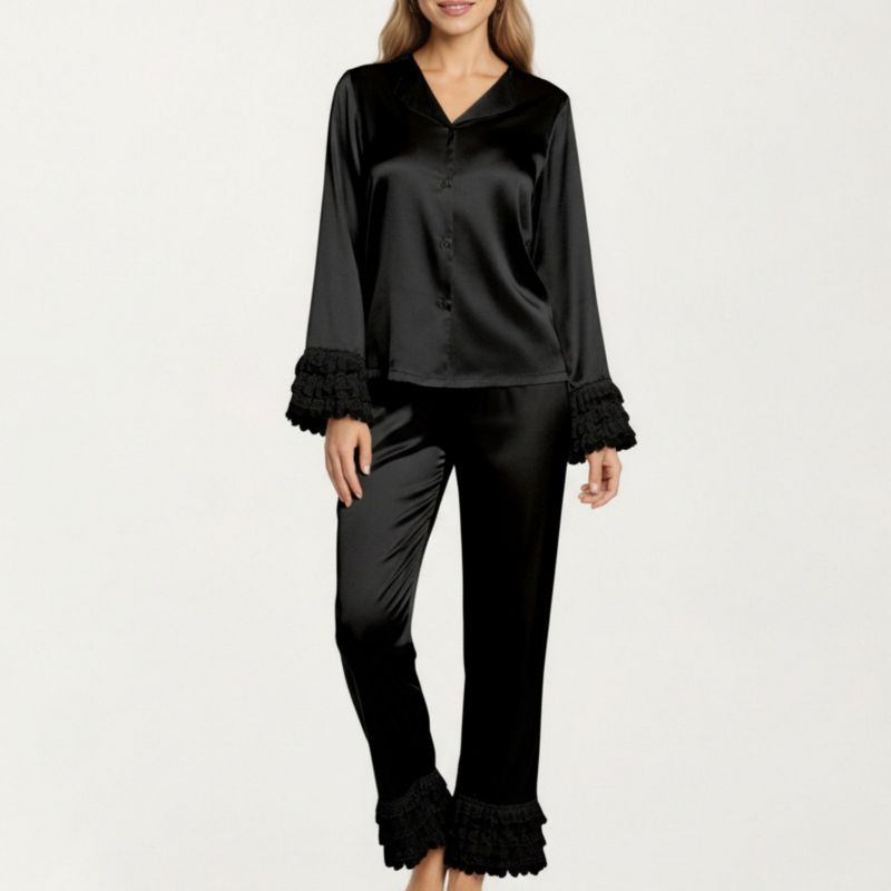 Anna-Kaci Lounge Women's Long Sleeve Pajama Set with Soft Button Front Top and Ruffled Cuff Trim Straight-Leg Pants - Small, Black