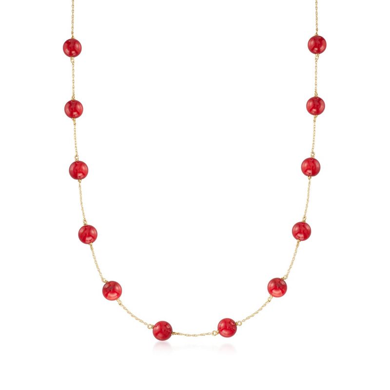Ross-Simons Red Coral Bead Station Necklace in 14kt Yellow Gold Size 36