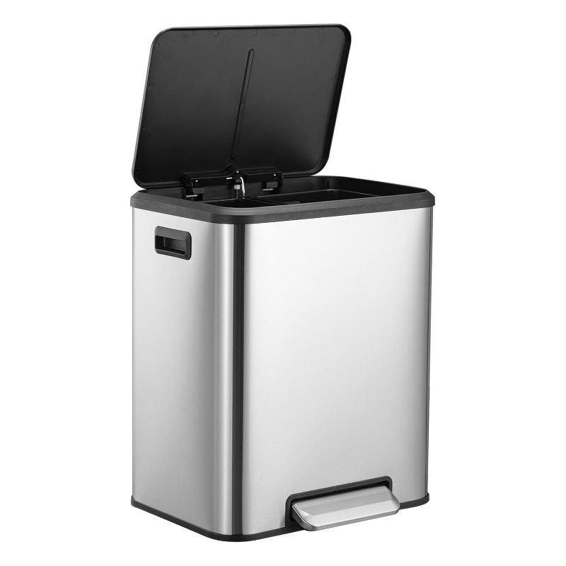 Acekool 8 Gallon Dual Compartment Trash Can, Stainless Steel Step Bin with Soft-Close Lid & Hands-Free Foot Pedal, 2x4 Gallon Recycling Bin