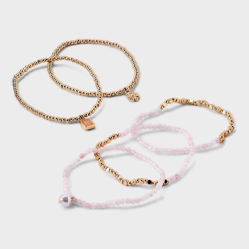 Beaded Stretch Charm Bracelet w Semi Precious Rose Quartz Set 5pc - Universal Thread™ Gold/Pink: Multicolored Stretch Band, Recycled Zinc