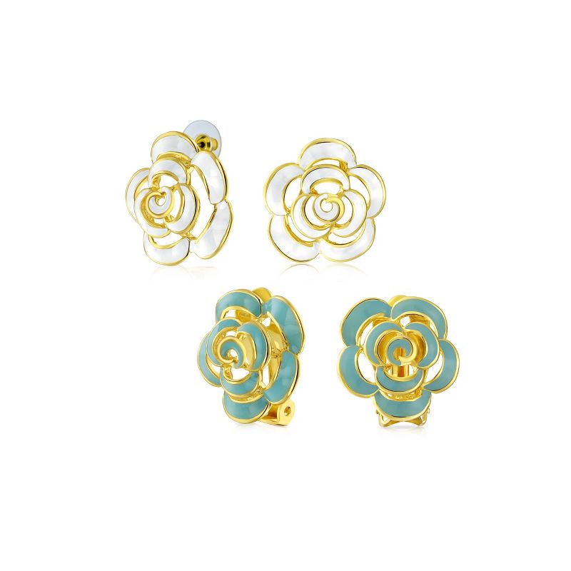 Bling Jewelry Set of 2 Fashion Enamel 3D Blue White Rose Flower Clip-On Earrings Button Style Gold Plated
