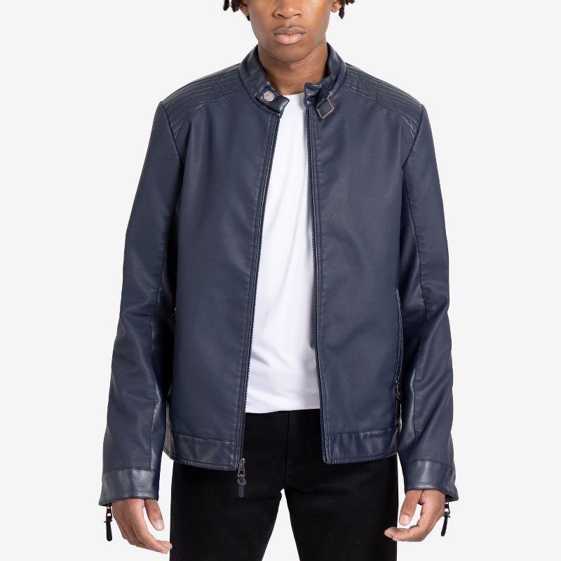 X RAY Men's PU Racer Jacket With Faux Shearling Lining in NAVY Size XL