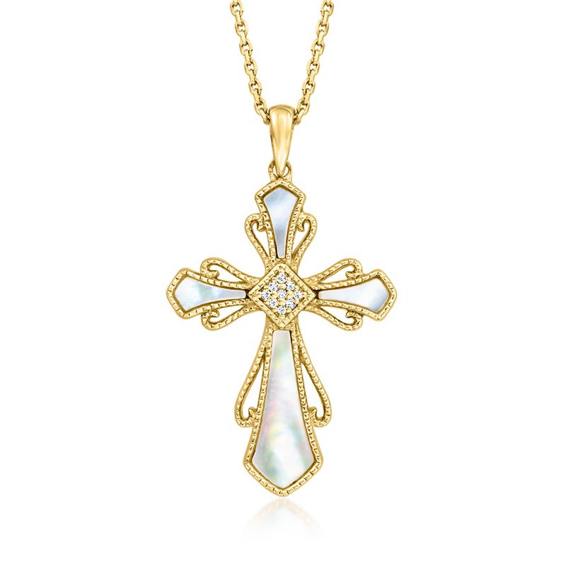 Ross-Simons Mother-Of-Pearl Cross Pendant Necklace With Diamonds in 18kt Gold Over Sterling Size 18