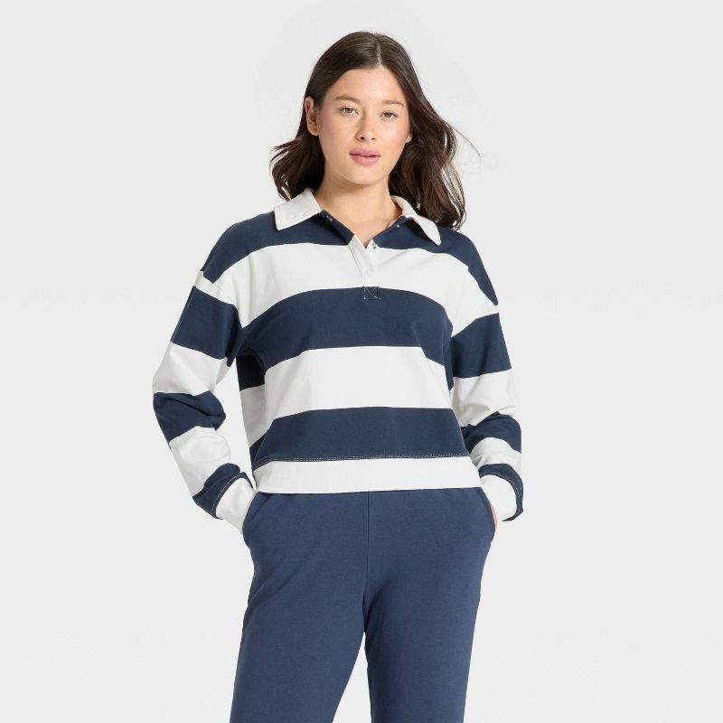 Women's Modal French Terry Polo Sweatshirt - All In Motion™ Navy Blue/Cream XXL
