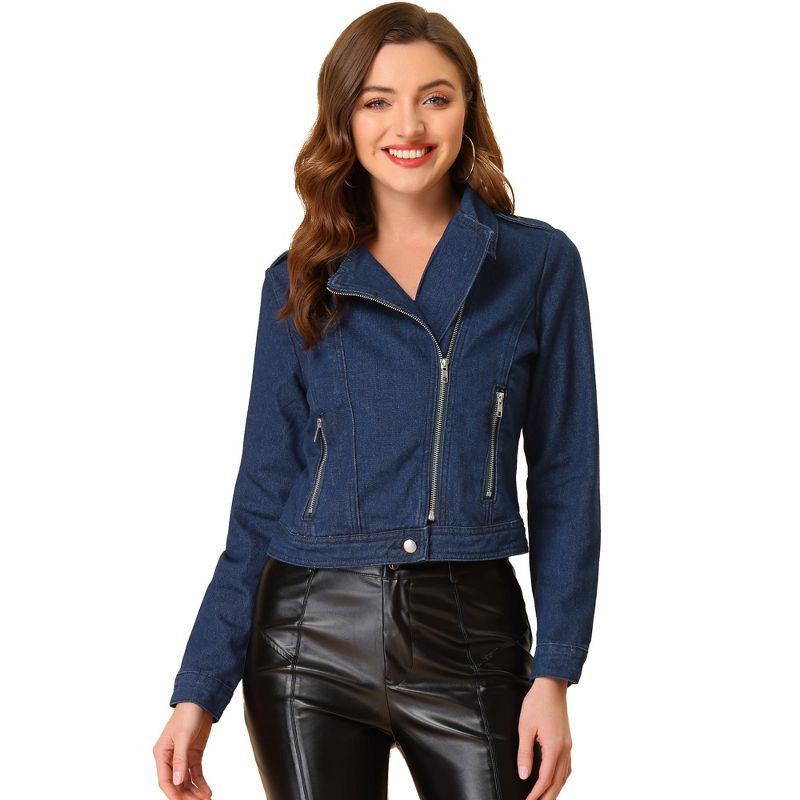 Allegra K Women's Notched Collar Zip Closure Biker Motocycle Denim Jacket Dark Blue X-Small