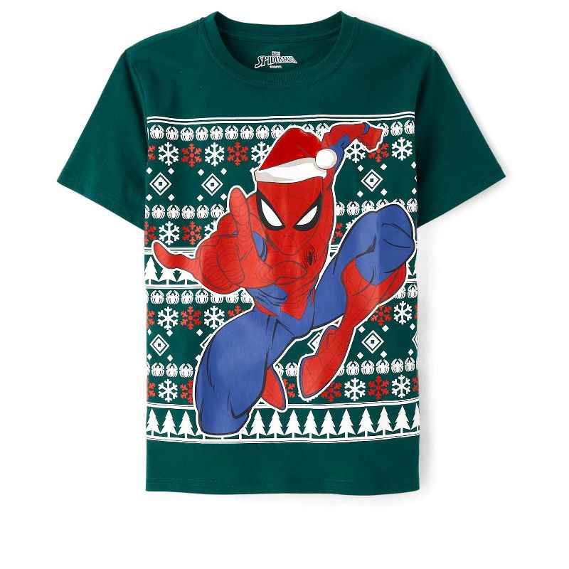 The Children's Place Boys Short Sleeve Spider-Man Fairisle Christmas Graphic Tee Green XS (4)