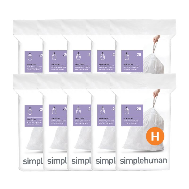 simplehuman Code H 200 Count, Genuine Custom Fit Liners, Drawstring Trash Bags in Dispenser Packs, 30-35 Liter / 8-9 Gallon, White