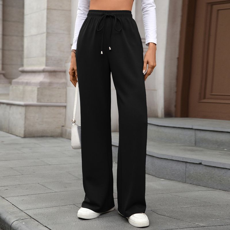 Women's Elastic Waist Straight Leg Pants Loose Fit Trousers with Pockets Black S