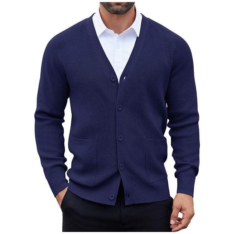 COOFANDY Men's Cardigan Sweaters with Button Lightweight Casual V Neck Long Sleeve Pockets Knitted Sweater Navy Blue S
