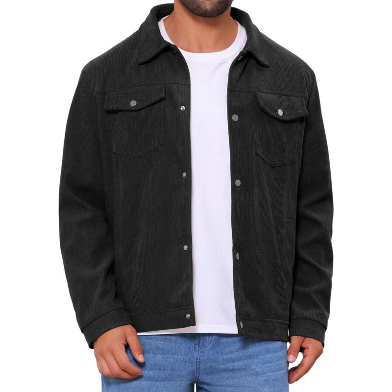 INSPIRE CHIC Men's Casual Solid Color Long Sleeve Button Pockets Corduroy Trucker Jacket Black Small