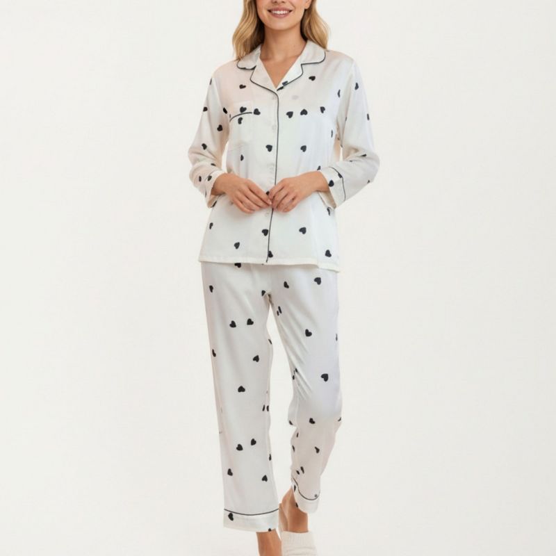 Anna-Kaci Lounge Women's 2-Piece Set Satin Valentine Heart Print Pajama Top with Contrast Piping Matched with Relaxed Straight-Leg Pants - Medium,