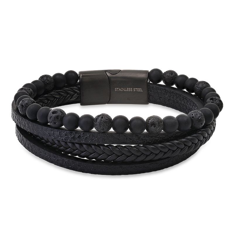 Steeltime Men's black braided leather, black lava and black ip stainless steel layered bracelet. Colors: Black, Brown, Blue