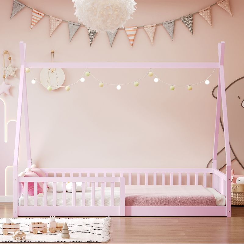 AENKYO Twin Size Wood House Bed, Playful Kids Bed with Safety Fence, Enchanted Cottage Style Bedroom Furniture
