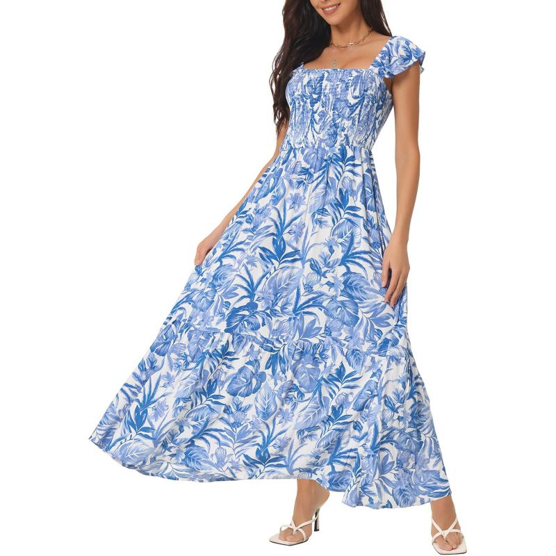 INSPIRE CHIC Women's Summer Boho Smocked Square Neck Cap Sleeve Ruffle Floral Flowy Tiered Maxi Sundress Blue Small