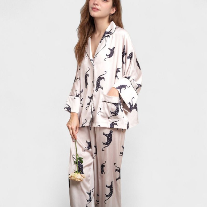 Anna-Kaci Lounge Women's Cat Print Satin Pajama Set Long Sleeve Button-Up Top with Elastic Waist Full-Length Pants - Large, Gray