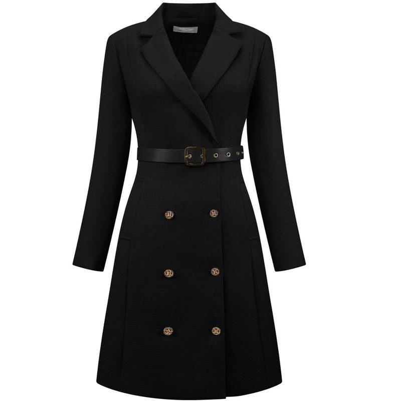 INSPIRE CHIC Women's Tweed Double Breasted Long Sleeve Blazer Dress with Belt Black X-Large