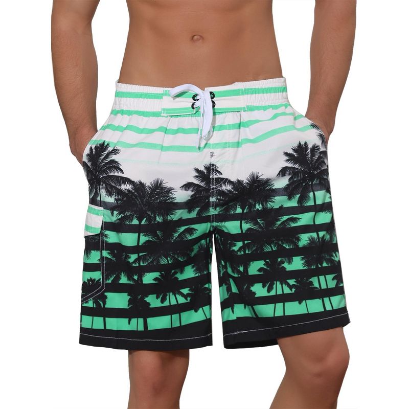 Lars Amadeus Men's Color Block Tropical Trees Printed Striped Beach Shorts Green 36