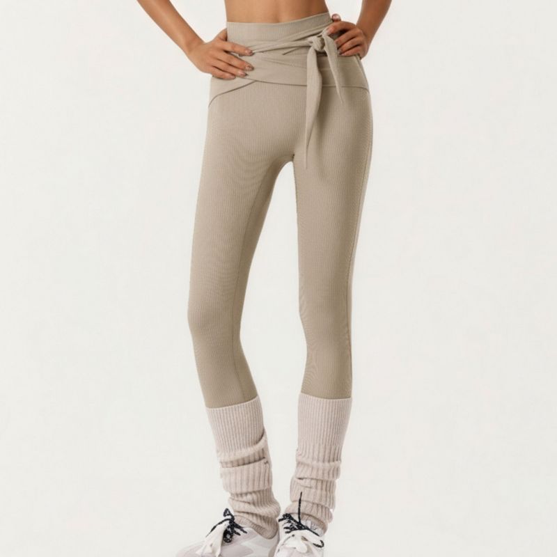 Anna-Kaci Active Women's Ribbed Knit High Waist Leggings with Wrap Tie Waistband and Contrast Cuffed Hem - Medium, Beige